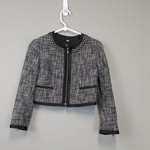H&M Heathered gray tweet Rhinestone Crop blazer